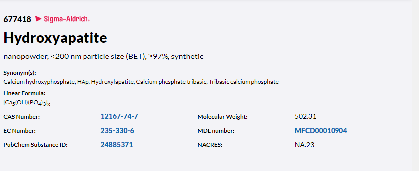 Hydroxyapatite code 677418 Sigma Aldrich